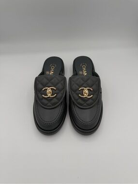 CHANEL Dark Gray Lambskin Quilted Slides with CC Size 36 Excellent Condition